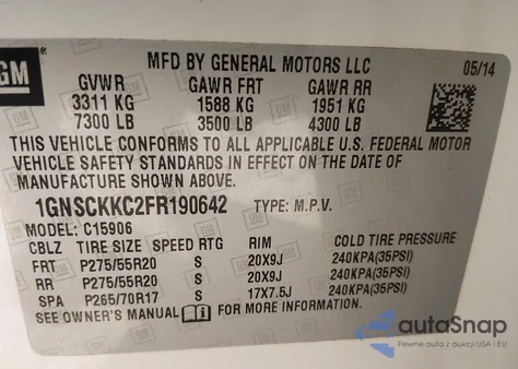 2015 Chevrolet Suburban 1500 Ltz из США, поврежденный, VIN 1GNSCKKC2FR190642